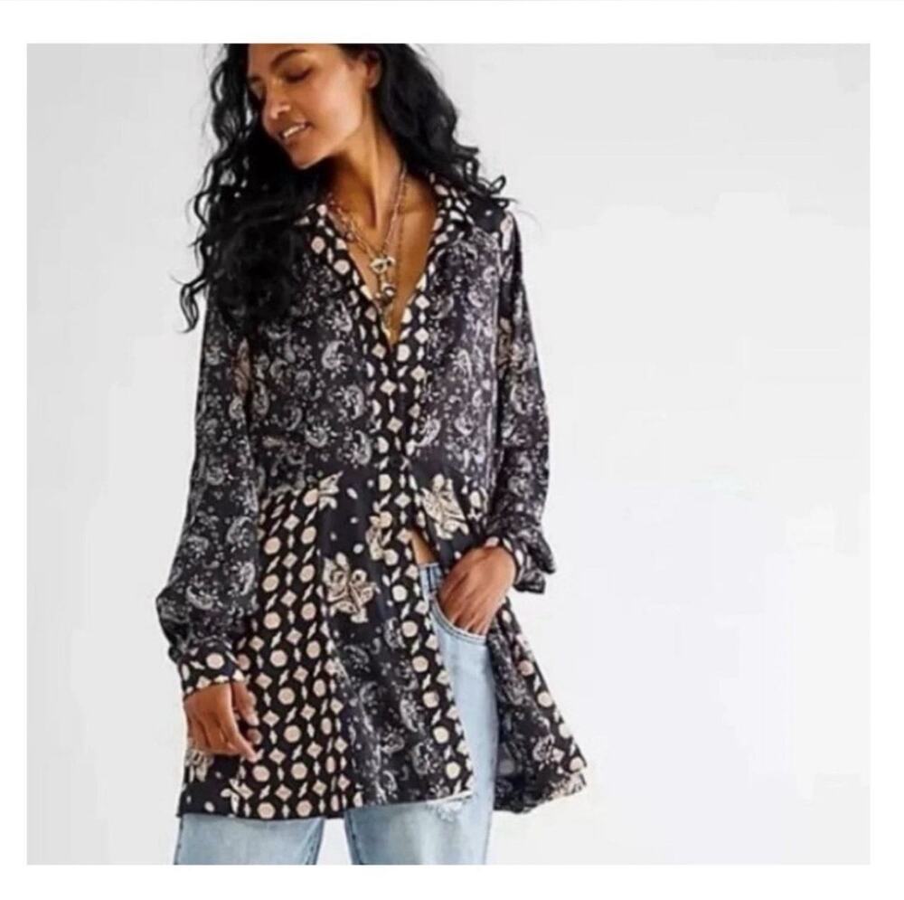 Free People Sylvie Multi Mix Printed Mini Dress Size Large Boho Western Peasant